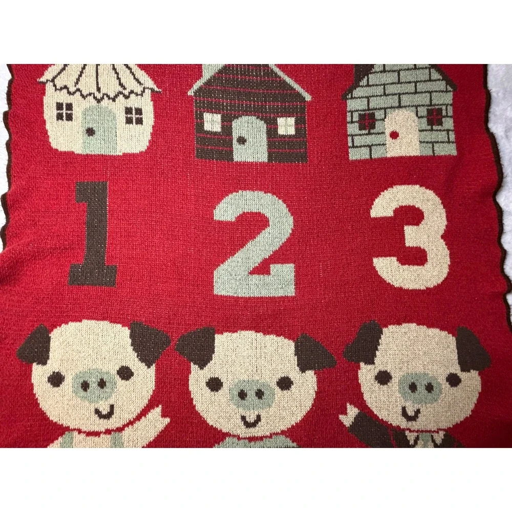 Green 3 Three Little Pigs Knit Throw Blanket Red Recycled Cotton Made in USA